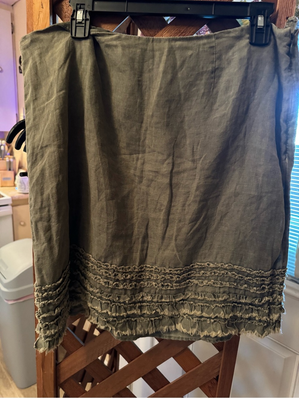 Tommy Bahama Olive Green Linen Mini Skirt with Ruffle Trim